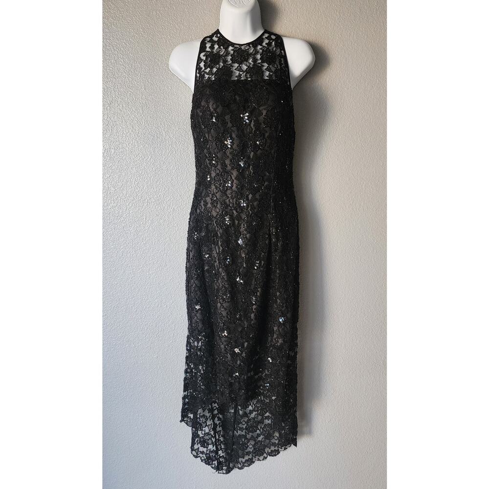 Cache Vintage Beaded and Sequin Halter Lace High Low Dress